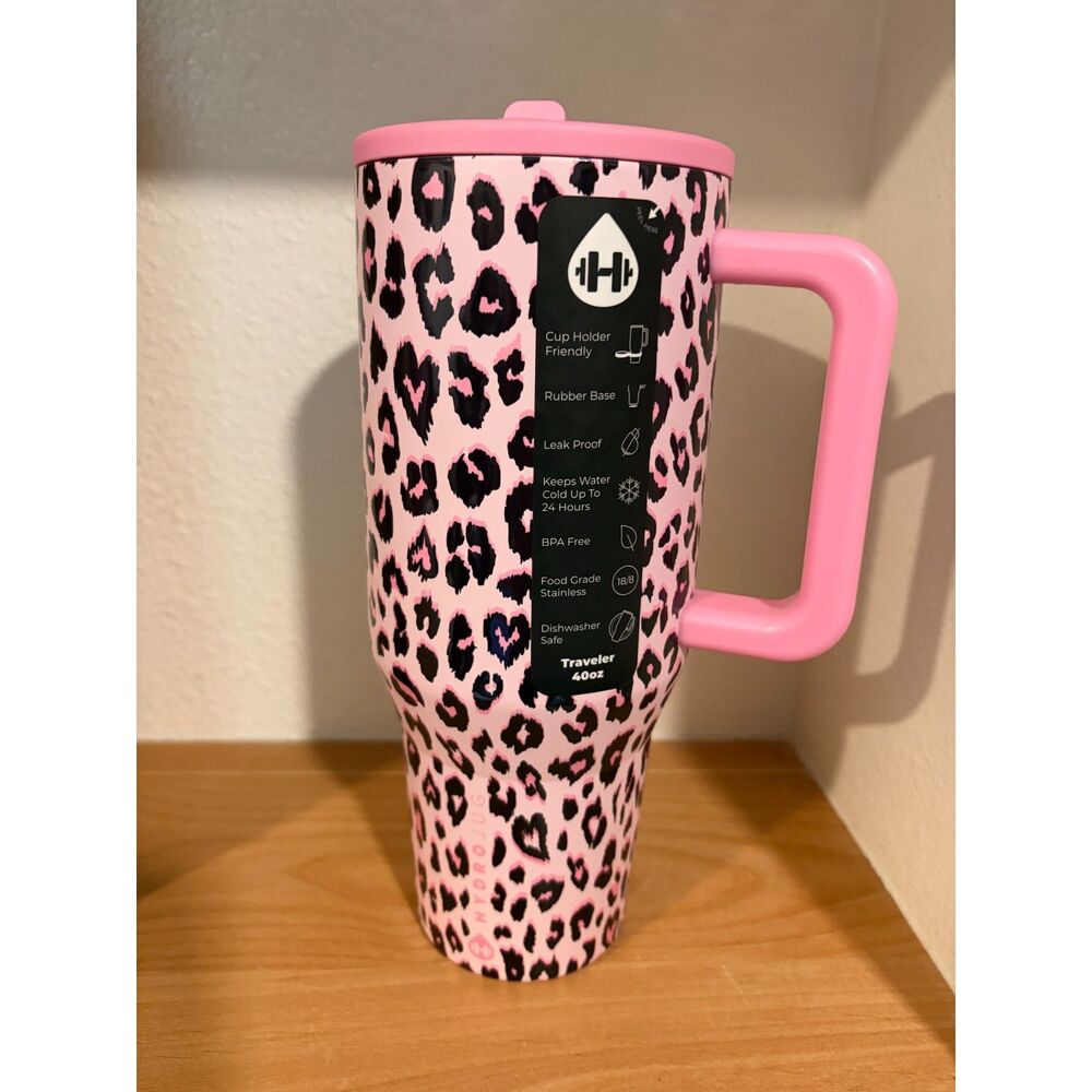 HydroJug Traveler Pink Leopard Print Stainless Steel Tumbler 40 Oz NIB